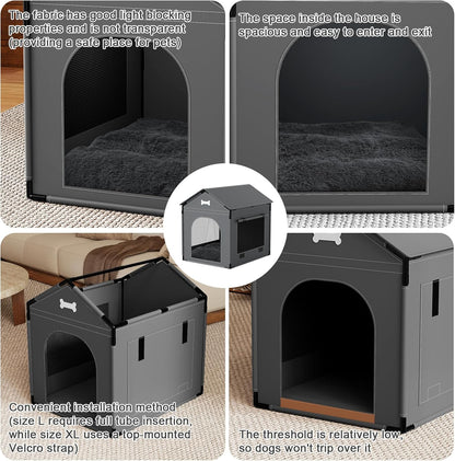 Dog House Indoor, Large Doghouse Soft with Frame, Waterproof Pet House for Medium Large Dogs with Oxford Fabric, Warm Indoor Dog House Bed with Soft Cushion, 27.56x21.26x26.77in, Dark Gray