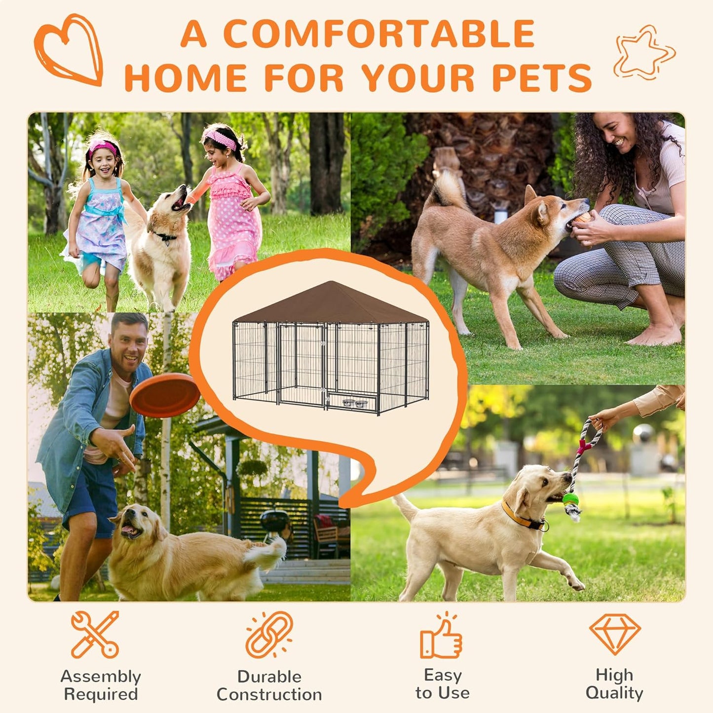 PawHut Outside Dog Kennel, 6.9' x 4.6' x 5' Puppy Play Pen with Canopy, Garden Playpen Fence Crate Enclosure Cage Rotating Bowl, for Dogs, Chickens, Ducks, Black