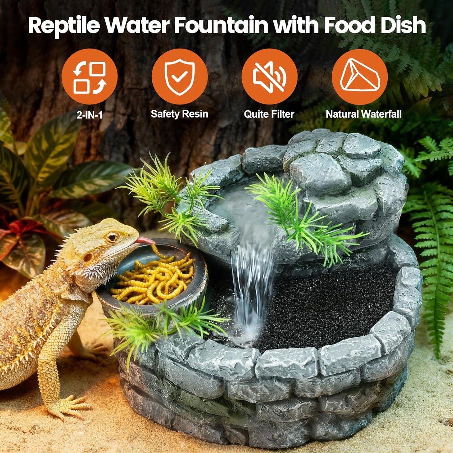 MIXJOY 2 in 1 Reptile Water Fountain with Food Dish 550ML, Terrarium Reptile Waterfall Drinking Fountain, Reptile Water Dispenser for Bearded Dragon Gecko Tree Frog Turtle Chameleon Leopard Lizard