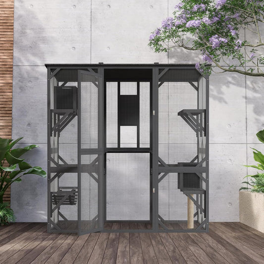 70'' Outdoor Cat Enclosure,Walk-in Catio with 4 Jumping Platforms & 2 Napping Houses,Swing Hammock, Cat House Indoor with Waterproof Roof, Sisal Post,Slide Door,UV Resistant for Indoor Outdoor