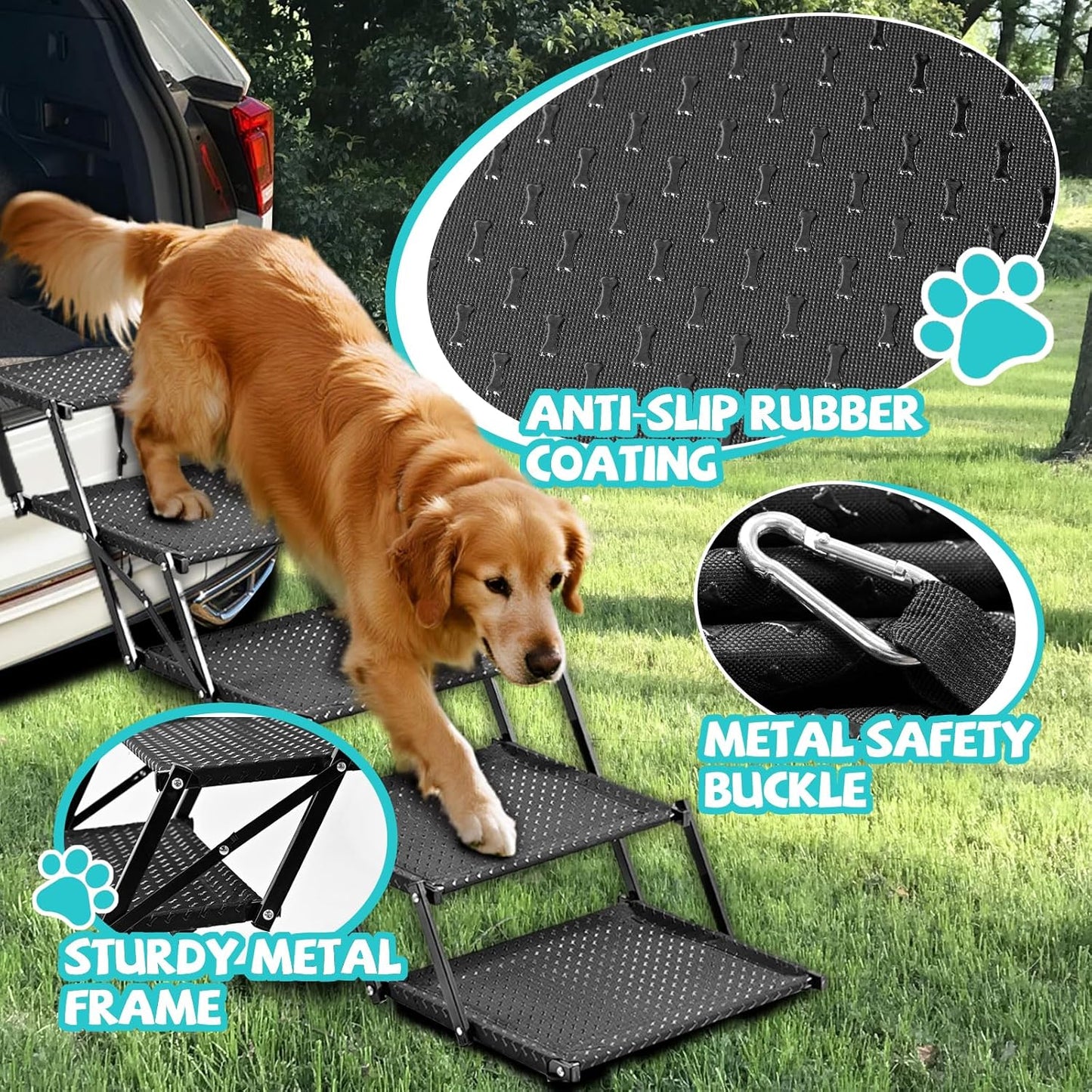 Dog Stairs for Car - Foldable Dog Ramps for Dogs with Non Slip Surface, Portable Pet Stairs for Cars and SUV, Truck, Sofas, Bed Support Up to 200 lbs (5 Steps)