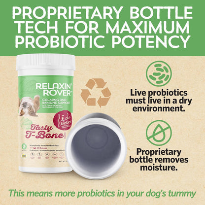 Fidobiotics Relaxin’ Rover Calming Supplement, Probiotics for Dogs with Valerian, Chamomile & GABA for Stress & Anxiety Relief, Tasty T-Bone Flavor 20 Servings