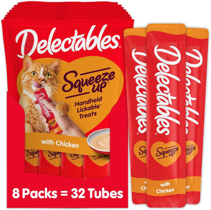 Delectables Squeeze Up Creamy Squeezable Puree, Lickable Wet Cat Treats, Grain Free, No Added Fillers, No By-Products, No Added Preservatives, 0.5 Ounces Tube Chicken Flavor, 32 Tubes Total