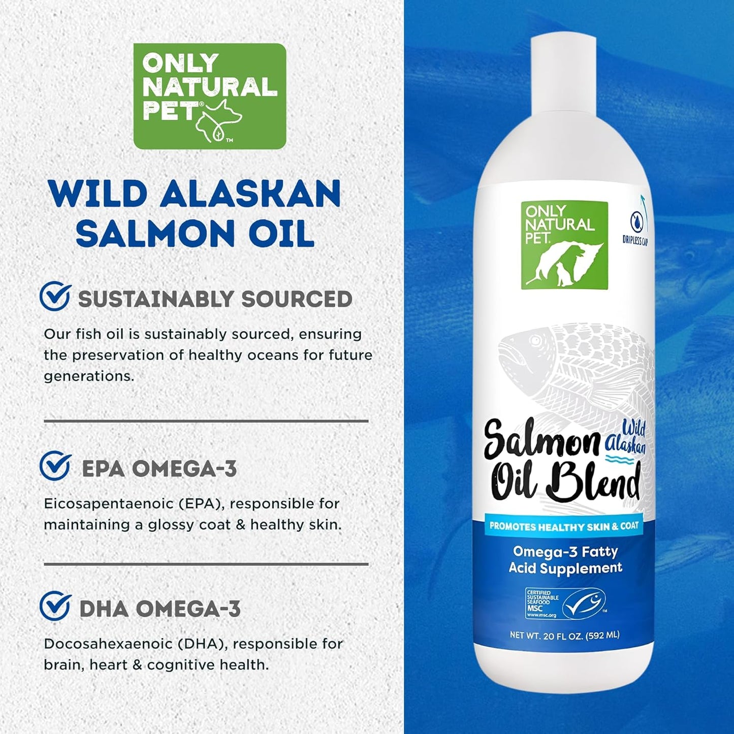 Only Natural Pet Wild Alaskan Salmon Oil for Dogs & Cats - Omega 3 & 6 Supplement for Pets - EPA & DHA Fish Oils, All Natural Joint Support, Promote Healthy Skin, Coat & Heart - 20 Fl Oz (Pack of 2)