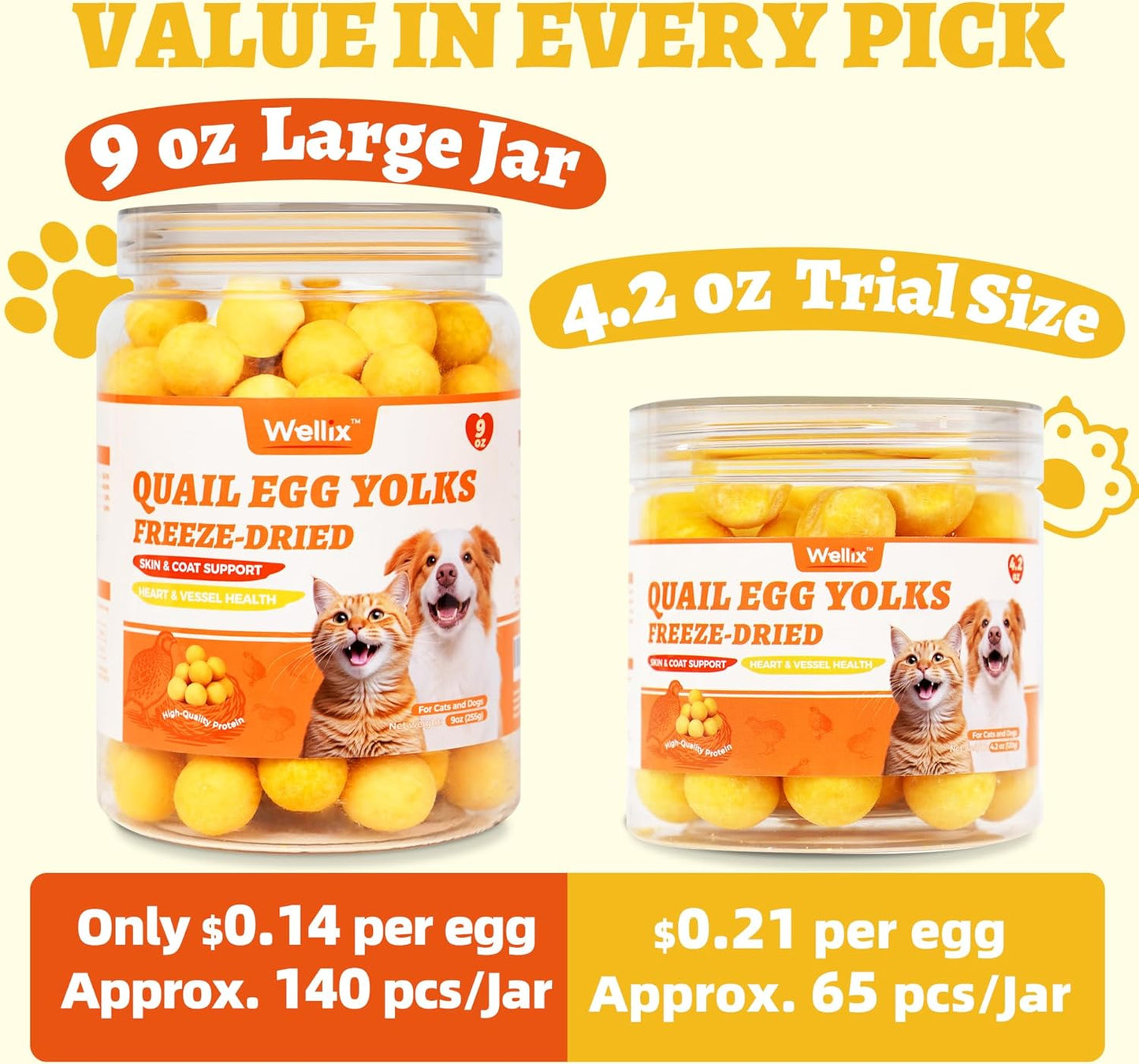 Wellix Freeze Dried Quail Eggs for Cats&Dog Treats - High-Protein Quail Egg Yolk Freeze Dried Cat Treats for Skin&Coat Health - Delicious Training Snacks for Pets 4.2oz