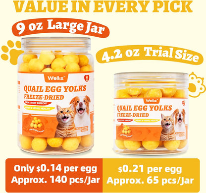 Wellix Freeze Dried Quail Eggs for Cats&Dog Treats - High-Protein Quail Egg Yolk Freeze Dried Cat Treats for Skin&Coat Health - Delicious Training Snacks for Pets 4.2oz