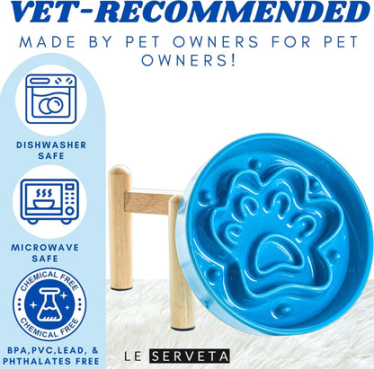 Ceramic Slow Feeder Dog Bowls, Raised, 3 Cups Elevated Slow Feeder with Wooden Stand for Medium Large Breed, Puzzle Dog Food Bowl (Blue)