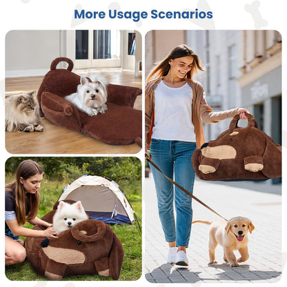 BurgeonNest Small Dog Car Seat, Cute Medium Dog Bed for Car Under 30 lbs, Washable Removable Cat Puppy Travel Booster Carseats with Clip-On Safety Leash, Fluffy Warm Pet Carrier Bag Home Bed, Brown