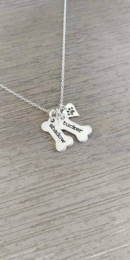 Custom Dog Bone Memorial Necklace With 925 Sterling Silver Paw Print Charm - Memorial Necklace With Personalized Names For Dog Lovers - Pet Jewelry Puppy Animal Pendant
