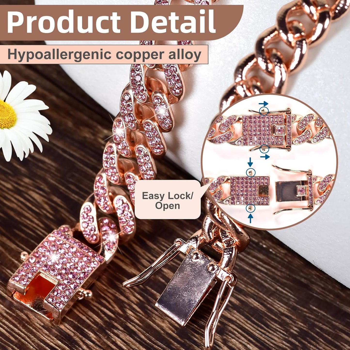 Dog Chain Collar Diamond Link Dog Collar Walking Dog Necklace Metal Cat Chain with Secure Buckle Pet Crystal Collar for Small Medium Large Dogs Cats (Pink, 18 Inch)