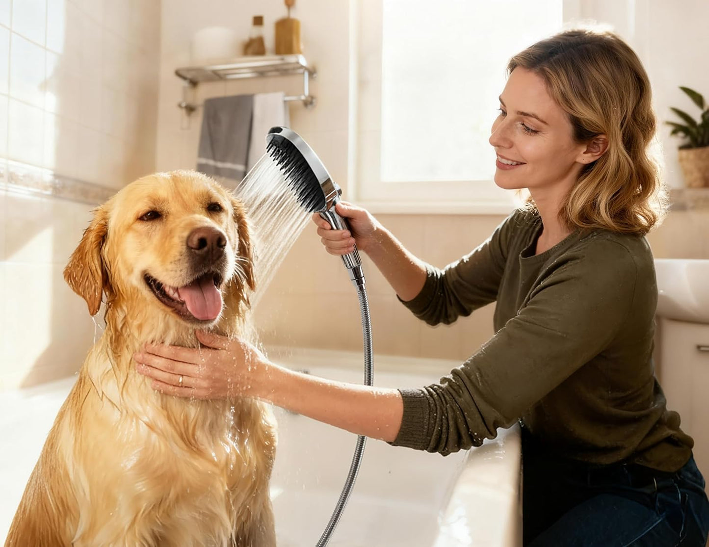 G-Promise 3 Mode Dog Shower Attachment with Pause Mode, Dog shower Sprayer with 100 Inches Stainless Steel Hose, Metal Diverter, Adhesive Holder, for Fast and Easy Dog Bathing and Cleaning(Chrome)