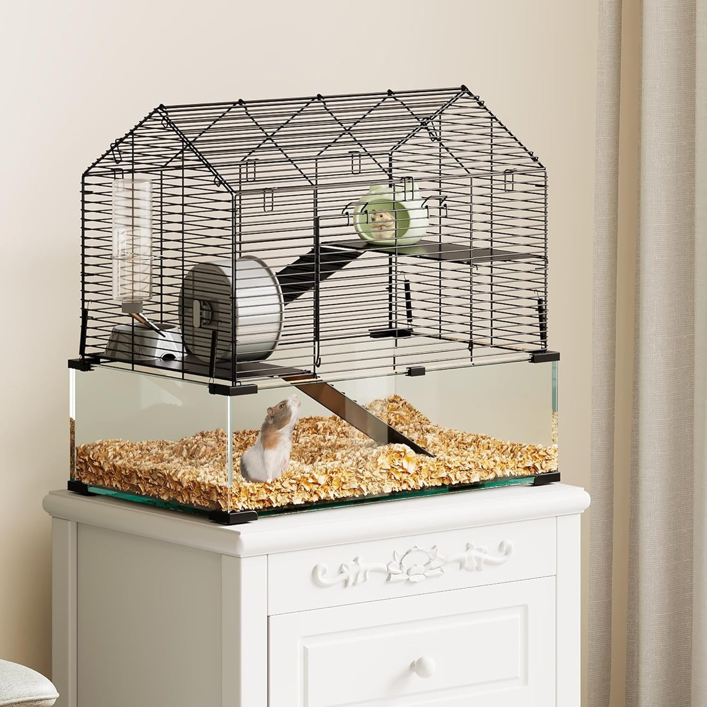 Spacious 3-Tier Hamster Cage for Small Animals – Deep Tempered Glass Bottom, Running Wheel, Water Bottle & Food Bowl – Transparent Habitat for Syrian, Dwarf Hamsters, Gerbils, Mice, Rats, Chinchillas,