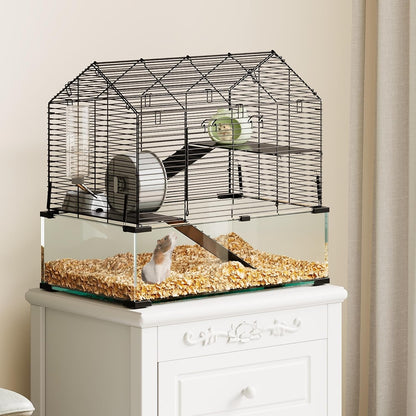 Spacious 3-Tier Hamster Cage for Small Animals – Deep Tempered Glass Bottom, Running Wheel, Water Bottle & Food Bowl – Transparent Habitat for Syrian, Dwarf Hamsters, Gerbils, Mice, Rats, Chinchillas,