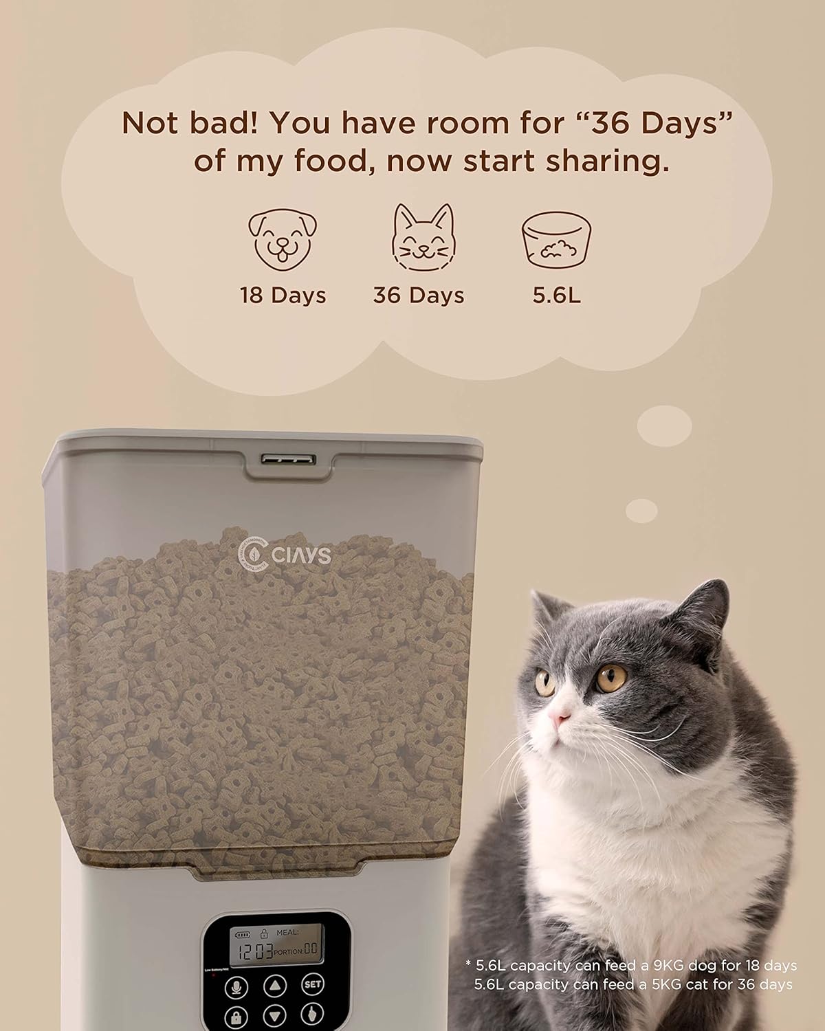 Ciays Automatic Cat Feeder, 5.6L, Control 4 Meals Per Day, Pet Dry Food Dispenser, Dual Power Supply & Voice Recorder, White