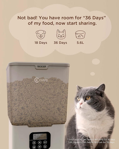 Ciays Automatic Cat Feeder, 5.6L, Control 4 Meals Per Day, Pet Dry Food Dispenser, Dual Power Supply & Voice Recorder, White