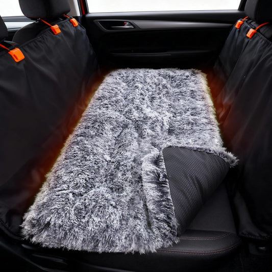 Fluffy Dog Car Seat Cover for Back Seat, Thickened Dog Bed for Car, Plush Faux Fur Soft Pet Bed Mat, Fits Backseat Extenders Protector, Nonslip Pad for Trucks and Suvs (Gray, 54"x24.8"x3.9")