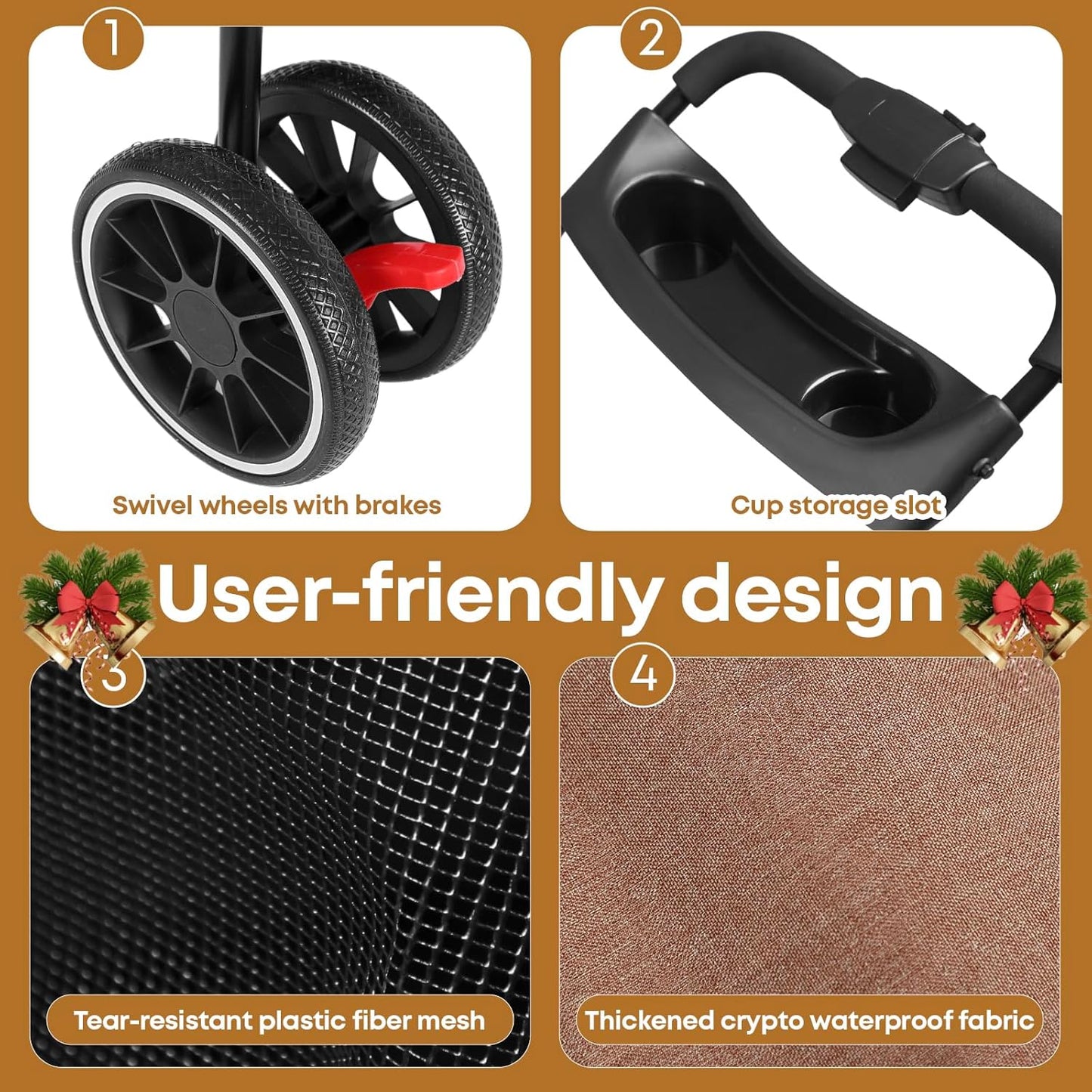 Pet Stroller,Dog Stroller for Small Medium Dogs Cats,3 Wheels,Foldable,with Breathable Mesh Canopy,Cup Holders,Easy Assembly,Deep Brown