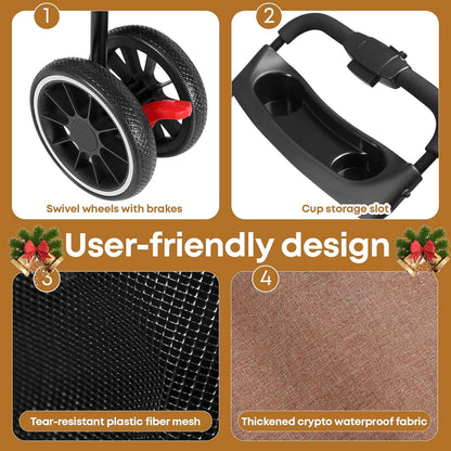 Pet Stroller,Dog Stroller for Small Medium Dogs Cats,3 Wheels,Foldable,with Breathable Mesh Canopy,Cup Holders,Easy Assembly,Deep Brown