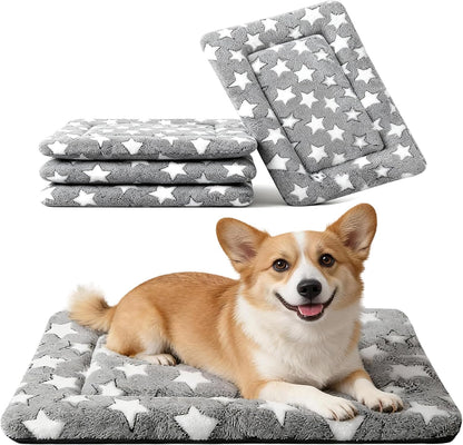Dog Crate Mat, 4 Piece Reversible Pet Bed, Polyester, Machine Washable, Small Dogs & Cats, Rectangular, 24 x 18 x 1.3 Inches (Gray Star, 24" L x 18" W x 1.5" Th)