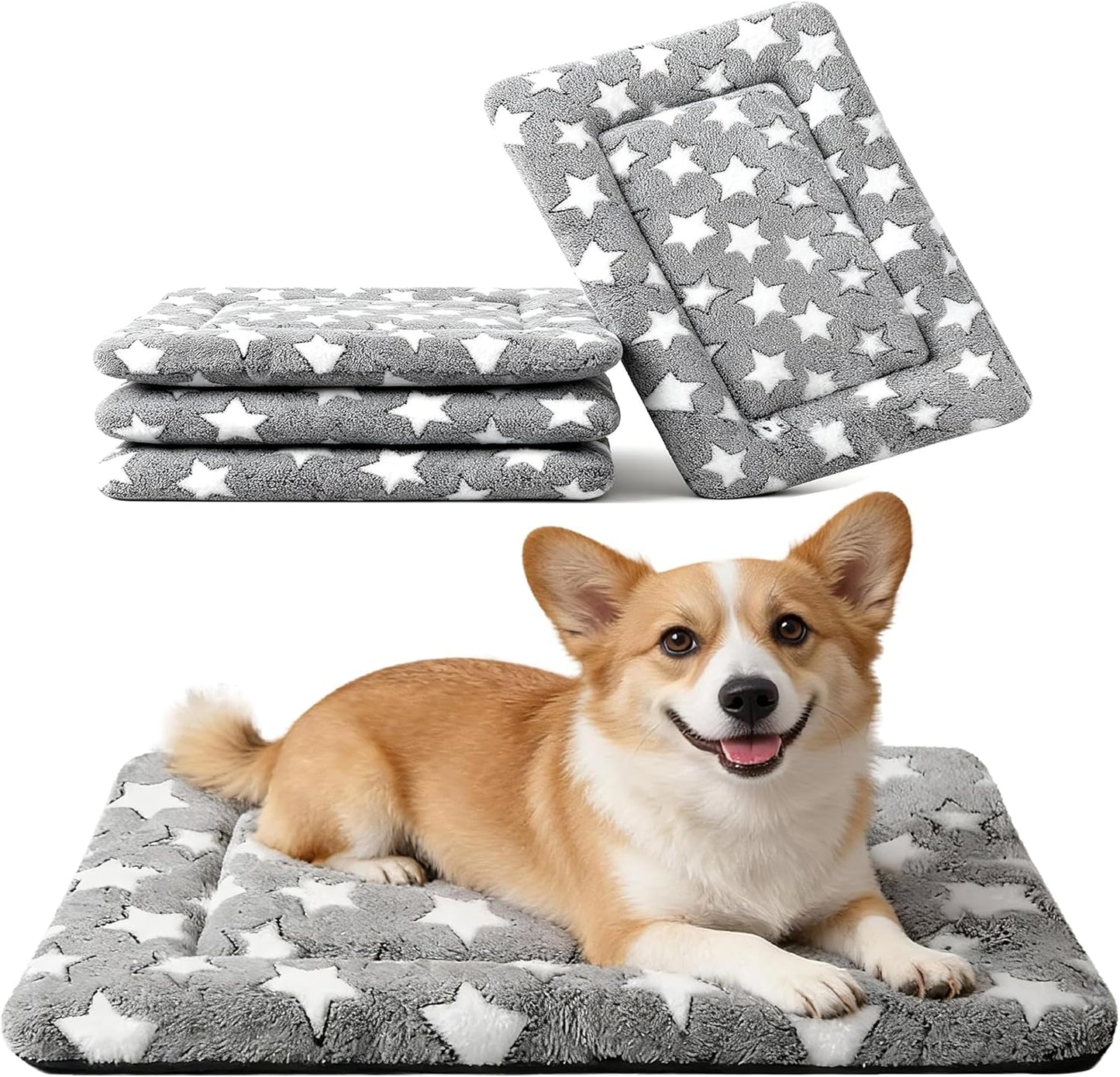 Dog Crate Mat, 4 Piece Reversible Pet Bed, Polyester, Machine Washable, Small Dogs & Cats, Rectangular, 24 x 18 x 1.3 Inches (Gray Star, 24" L x 18" W x 1.5" Th)