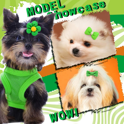 20pc Green Small Dog Hair Bows with Rubber Bands, Bulk Green Puppy Dog Hair Bows, Mix Handmade Cute Dog Gooming Flower Ball Bows for Holiday Yorkie Dog Hair Accessories