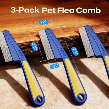 3-Pack Flea Comb with Rubber Handle, Fine Tooth Flea and Tick Combs for Dogs & Cats, Anti-Slip Pet Grooming Comb for Puppies, Kitties (Blue)