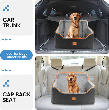 Dog Car Seat for Medium Dogs - Pet Car Seat with 2 Safety Straps & Waterproof Padding, Portable Pet Carrier for Cars, Trucks & SUVs, Comfortable Booster Bed for Pets Up to 55lbs (Black/Grey)