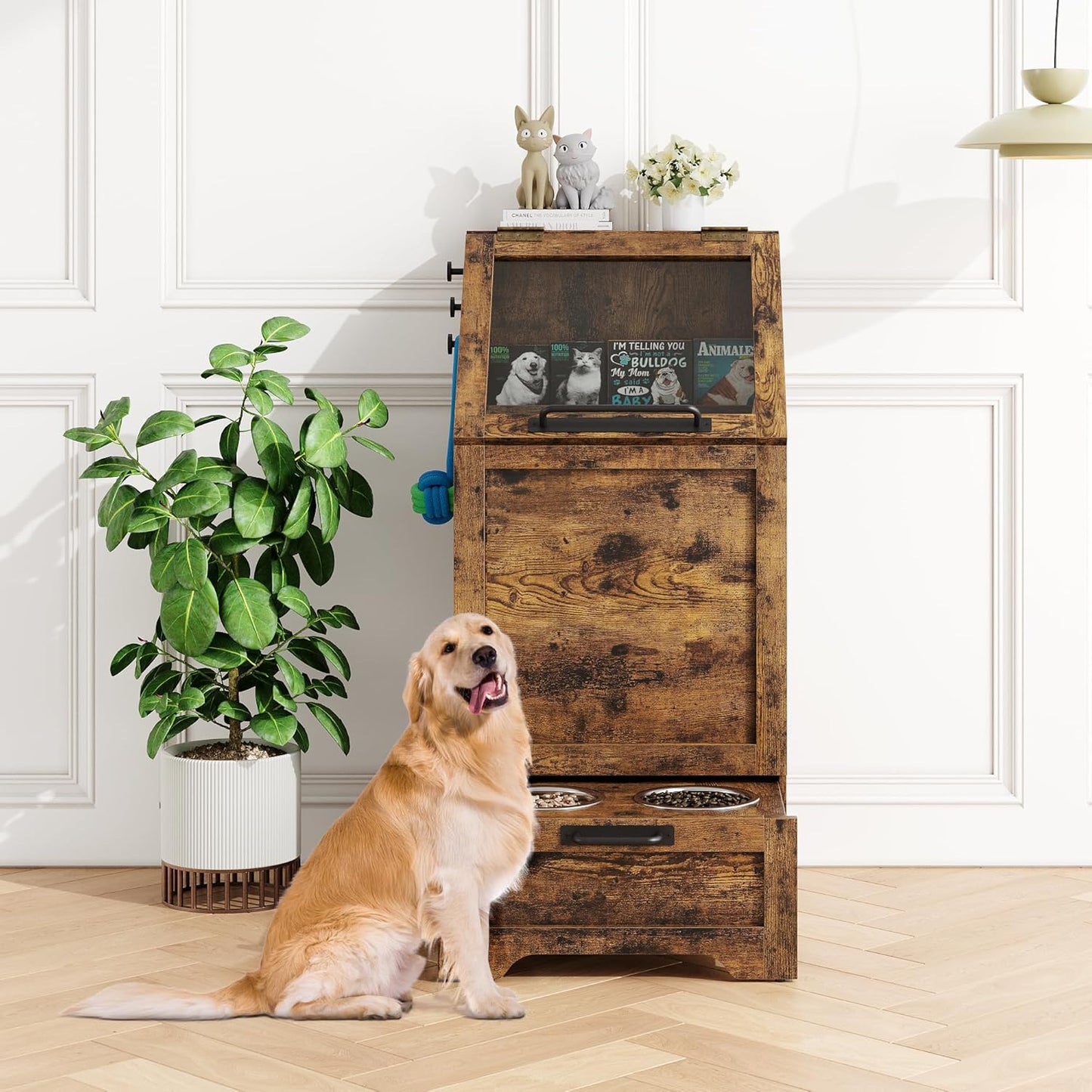 Dog Feeding Station with 2 Elevated Dog Bowls, Pet Feeding Station with Storage Cabinet Organizer, Flip-Up Lid, Anti-Toppling Design, for Pet Food and Pet Supplies, Rustic Brown