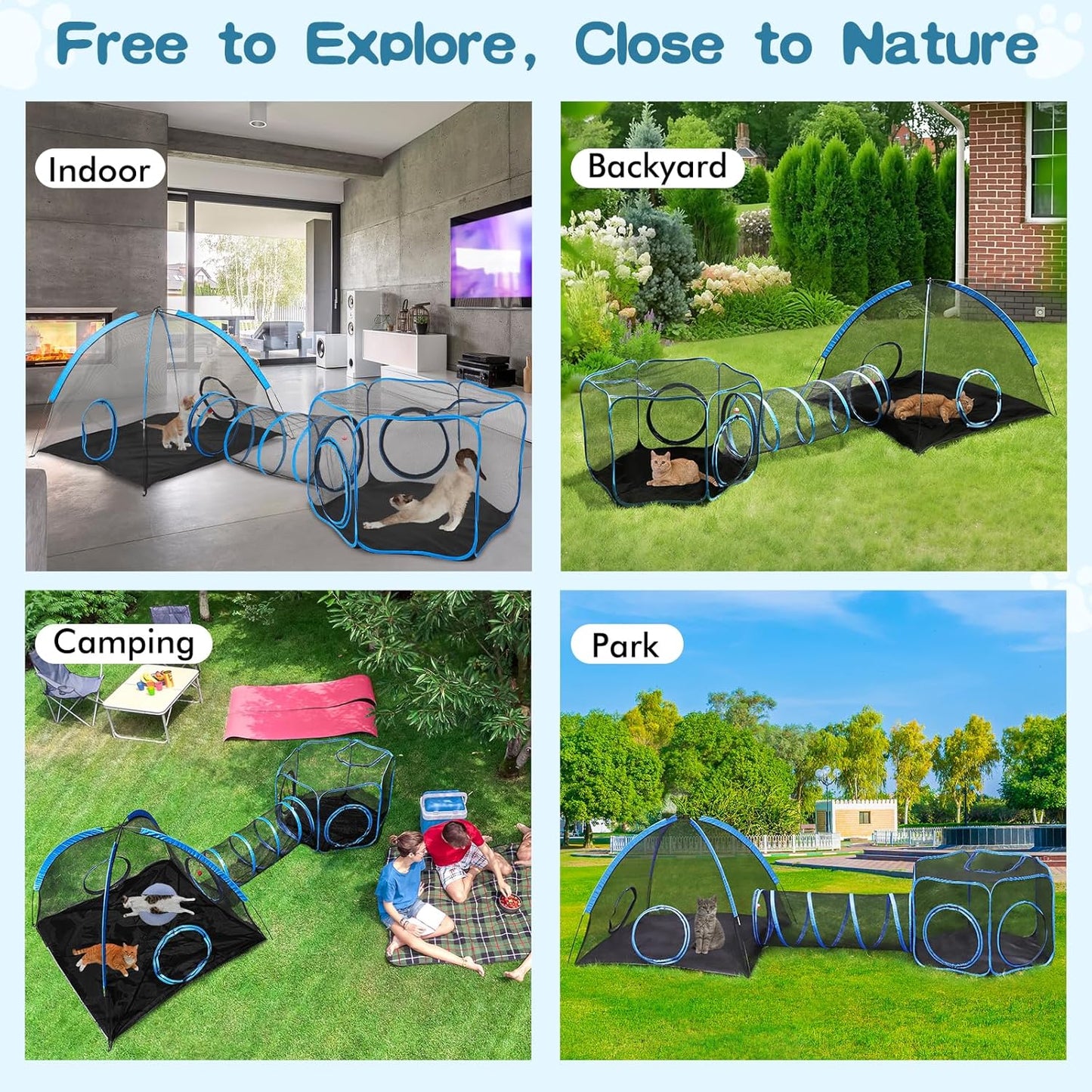 Outdoor Cat Enclosure, 3-in-1 Catio Outdoor Cat Enclosure with Tunnel for Outside and Indoor, Cat Tent Portable Catio Pet Playpen with Storage Bag for Kitty and Small Animals