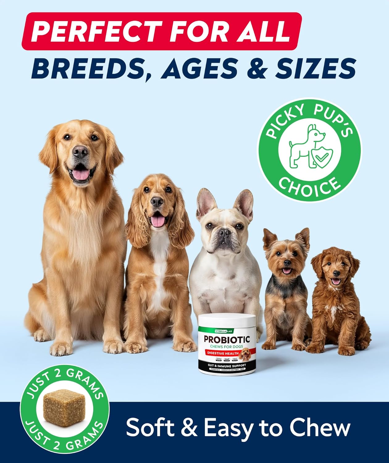 StrellaLab Dog Probiotics Treats for Picky Eaters - Digestive Enzymes + Prebiotics - Chewable Fiber Supplement - Allergy, Diarrhea, Gas, Constipation, Upset Stomach Relief - Improve Digestion&Immunity