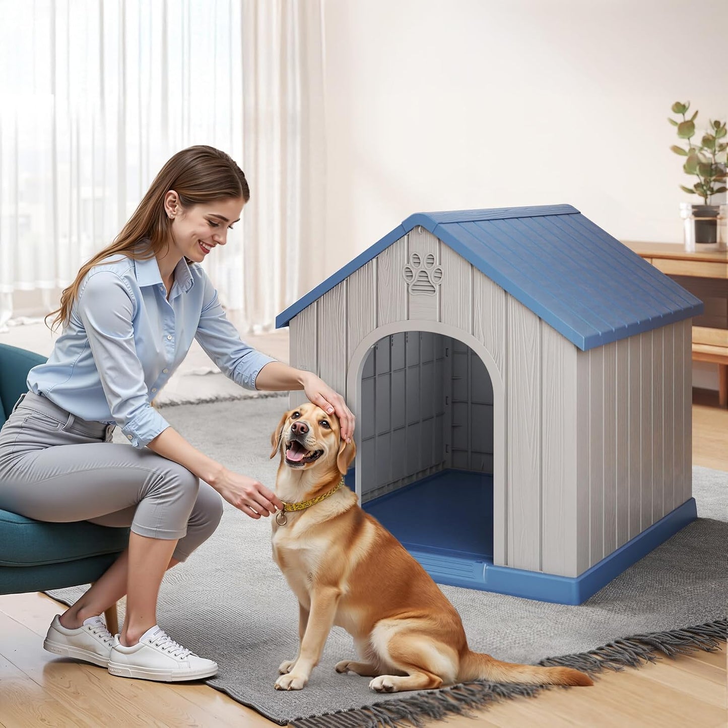 DRATO Large Dog House Indoor Outdoor Waterproof,Puppy Shelter with Air Vents and Elevated Floor,Sturdy Dog Kennel for Small to Large Sized Dogs, Easy to Assemble (Blue, 38.62×36.26×38.07 Inches)