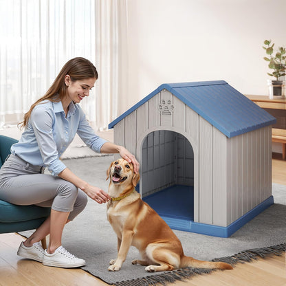 DRATO Large Dog House Indoor Outdoor Waterproof,Puppy Shelter with Air Vents and Elevated Floor,Sturdy Dog Kennel for Small to Large Sized Dogs, Easy to Assemble (Blue, 38.62×36.26×38.07 Inches)