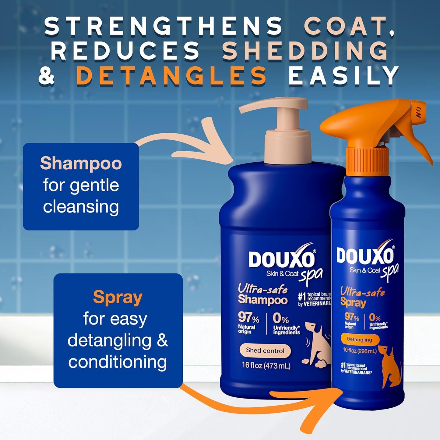 DOUXO® Skin & Coat SPA – Ultra-Safe Combo for Dogs, Shed Control Shampoo (16 fl oz, Cleanses & Reduces Shedding) + Detangling Spray (10 fl oz, Safely Detangles)