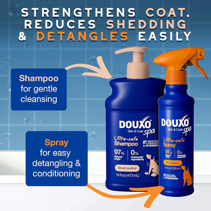 DOUXO® Skin & Coat SPA – Ultra-Safe Combo for Dogs, Shed Control Shampoo (16 fl oz, Cleanses & Reduces Shedding) + Detangling Spray (10 fl oz, Safely Detangles)