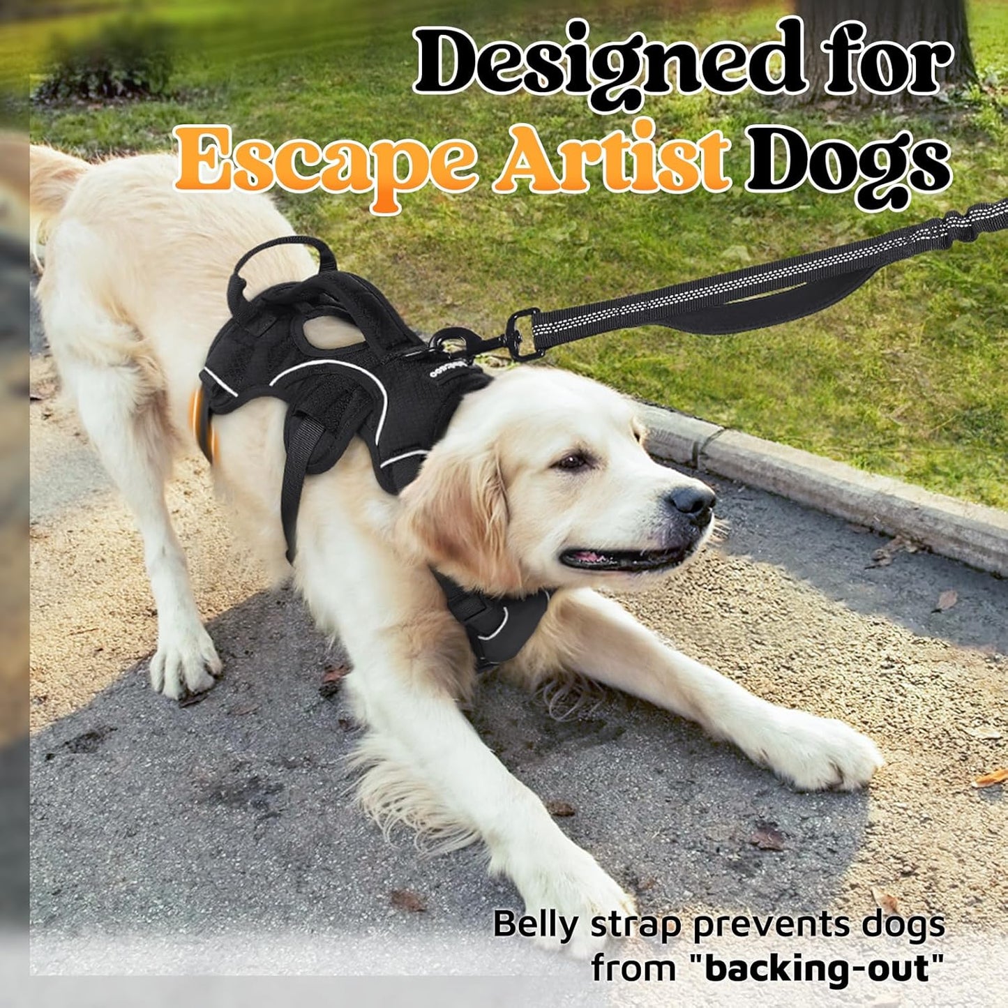 rabbitgoo Escape Proof Dog Harness, Soft Padded Full Body Pet Harness, Reflective Adjustable No Pull Vest with Lift Handle and Leash Clip for Large Dogs Walking Hiking Training, L, Black