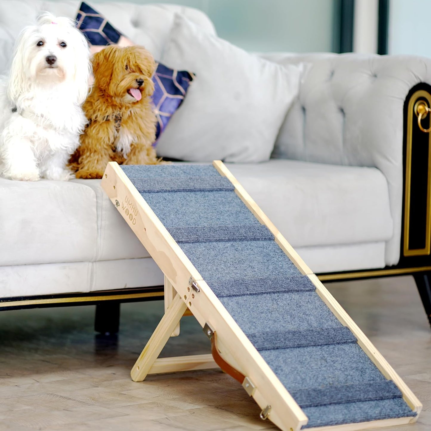 UMHUWOOD Dog Ramp for Couch, Bed, and Car – Adjustable, Portable, Foldable, Non-Slip Wooden Pet Ramp for Small, Medium, and Senior Dogs and Cats – Up to 19.5" High