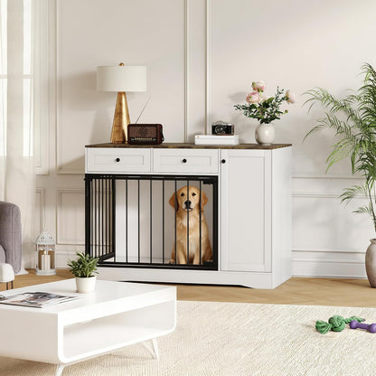 Farmhouse Dog Crate Furniture 47" – Modern Indoor Kennel with Double Doors, TV Stand & Buffet Cabinet, Dog Cage Side Table with 2 Drawers & Storage for Small & Medium Dogs