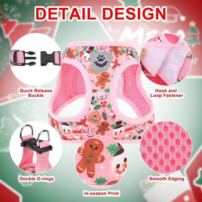 EXPAWLORER Christmas Puppy Harness - Dog Collar and Leash - Soft Mesh Padded Adjustable Step in Small Dog Vest Harness No Pull, Reflective Escape Proof for Outdoor Walking, Red S