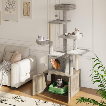 Cat Tree with Litter Box Enclosure Large, Multilevel Cat Play House with Large Condo, Spacious Hammock, Cozy Top Perch,Scratching Post and Dangling Balls