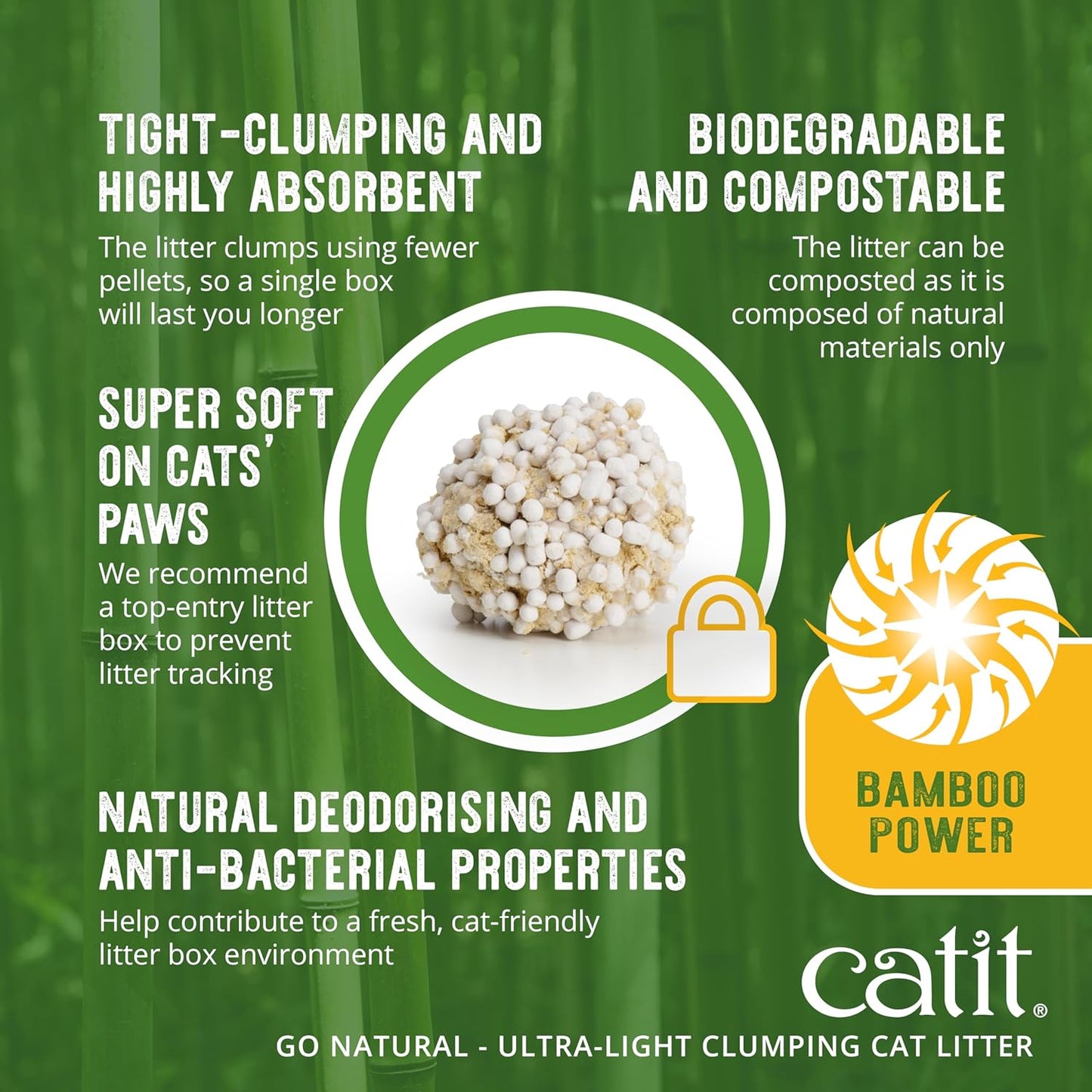 Catit Go Natural Ultra-Light Clumping Cat Litter, Bamboo Pellets, Dust-Free, Lightweight, Compostable, Vanilla Scent, Soft on Paws, Deodorizing, Eco-Friendly Litter 7.9lb