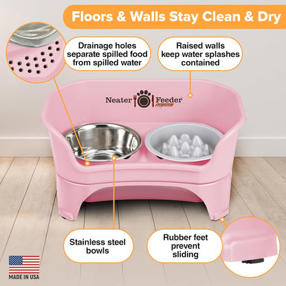 Neater Feeder Express Mess Proof Dog Bowls Elevated for Medium and Large Breed – Made in USA – No Spill Raised Slow Feeder Elevated Dog Bowl Stand, Slow Feed Food and Water Bowl Set, Pink