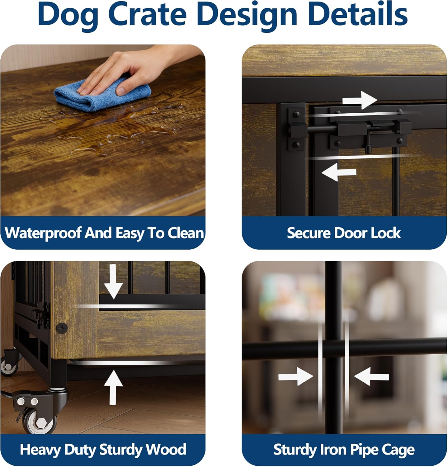 38.6'' Rustic Wood Dog Crate Furniture with Pull-Out Tray, Wheels & 3 Doors, Indoor Kennel Heavy Duty Dog Kennel with Removable Tray, Side Table for Small Medium Breeds Easy Assembly & Cleaning