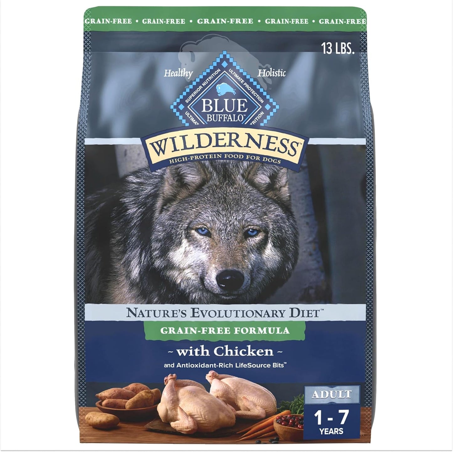 Blue Buffalo Wilderness Adult High-Protein Dry Dog Food with Real Chicken, Grain-Free, Made in The USA with Natural Ingredients, Chicken, 13-lb. Bag