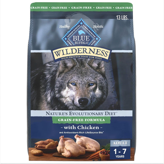 Blue Buffalo Wilderness Adult High-Protein Dry Dog Food with Real Chicken, Grain-Free, Made in The USA with Natural Ingredients, Chicken, 13-lb. Bag