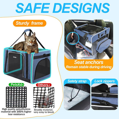 Petskd Extra Large Cat Carrier with Wheels and Litter Box 24"x17"x17" for Large Cat or 2 Small Cats, Collapsible Soft Sided Pet Carrier for Car Travel with Lockable Safety Zippers(Blue)