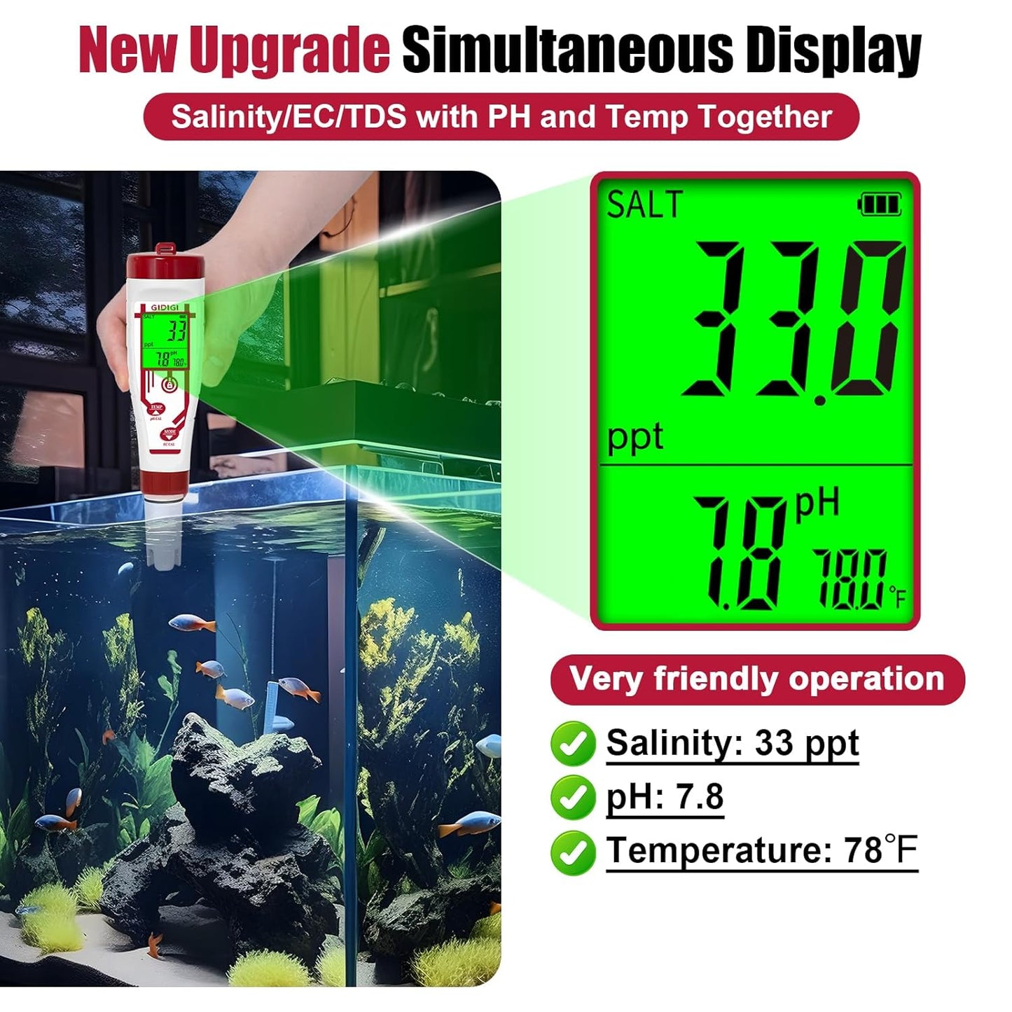 Aquarium Salinity pH Meter,Digital Salt Tester Kit for Saltwater Fish pH Meter Calibration Solution Kit,Includes pH 7.00, 10.01 and pH Electrode Protection Solution