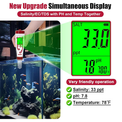 Aquarium Salinity pH Meter,Digital Salt Tester Kit for Saltwater Fish pH Meter Calibration Solution Kit,Includes pH 7.00, 10.01 and pH Electrode Protection Solution