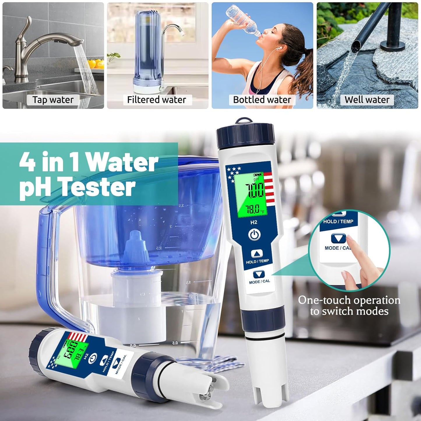 Salinity Tester and 4 in 1 Hydrogen Water Tester, Digital Pool Salt Tester for Saltwater Pool and pH H2 ORP Meter for Drinking Water, Hydroponic, Aquariums