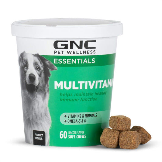 GNC Pets Essentials Dog Multivitamin Soft Chews, Salmon Oil Dog Supplement in Bacon Flavor, Immune Booster and Skin and Coat Support Chewable with Vitamins & Minerals, 60 Count