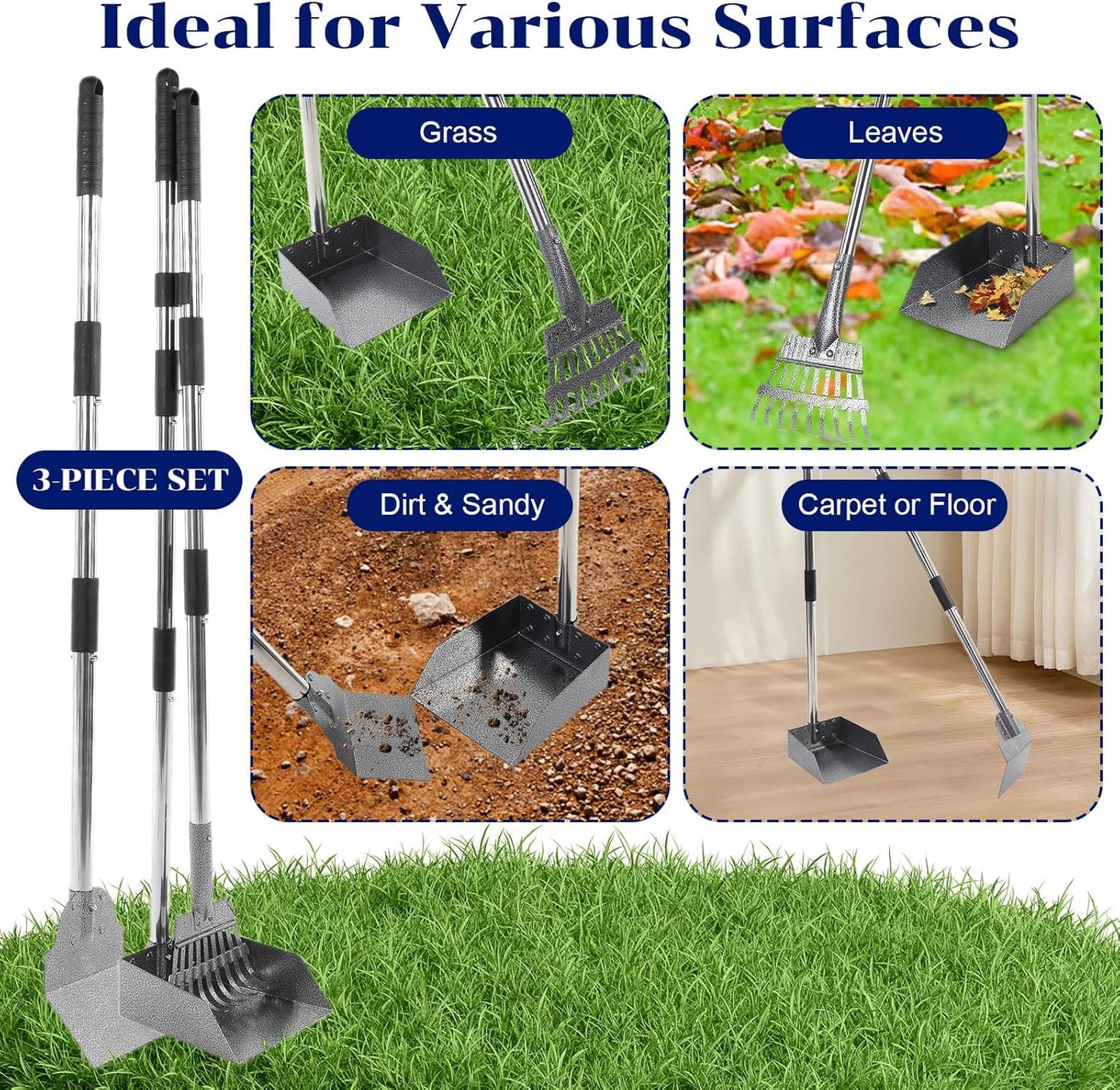 3 Pcs Dog Pooper Scooper Tray Shovel & Rake Kit, Heavy Duty Dog Poop Scooper with Adjustable Metal Long Handle, Portable Large Dogs Poop Picker Upper for Yard, Walks, Grass & Garden Leaves